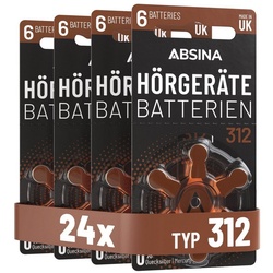 ABSINA Hörgerätebatterien 312 24 Stück mit gut greifbarer Schutzfolie - Batterien für Hörgeräte 312 Zink Luft mit 1,45V - Typ 312 Hörgeräte Batterie Braun - PR41 ZL3 P312 Hörgerätebatterien Knopfzelle, (4 St)