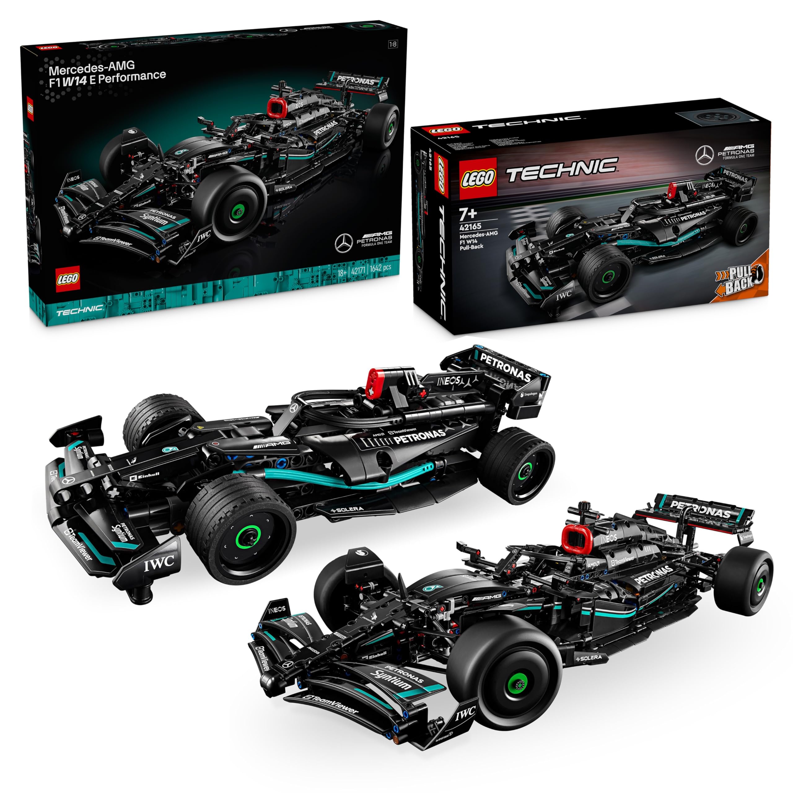 LEGO Technic Build Together Rennwagen-Bundle, enthält 2 Mercedes-AMG F1 W14 E Performance Sets: (42171) Modellbausatz für Erwachsene und (42165) Pull-Back Rennwagen-Spielzeug für Kinder ab 7 Jahren