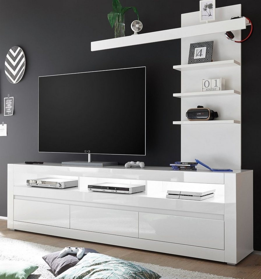 Furn.Design Lowboard Nobile (TV Unterschrank in weiß Hochglanz, Set inklusive Regal, Breite 217 cm), mit Soft-Close weiß