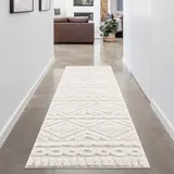 Carpet City Teppich Wohnzimmer Hochflor Creme - Läufer 80x300 cm - Rauten Hochtief-Muster, 3D-Effekt - Bettvorleger Schlafzimmer Teppiche Boho, Skandi
