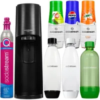 Wassersprudler SodaStream Terra Black + 3 Flaschen, Schwarz/Weiß/Grün, 1L + 3 Sirupe (Pepsi, 7up Mirinda) - Schwarz