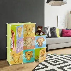 Relaxdays Kinderregal mit Tiermotiv, Kunststoff Steckregal m. Türen, Kinderzimmer Kleiderschrank m. Kleiderstange, bunt