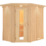 Woodfeeling Karibu Energiespar-Sauna Caspin mit Eckeinstieg 68 mm Ohne Ofen inkl. 8-teiligem gratis Zubehörpaket (Gesamtwert 191,92€)