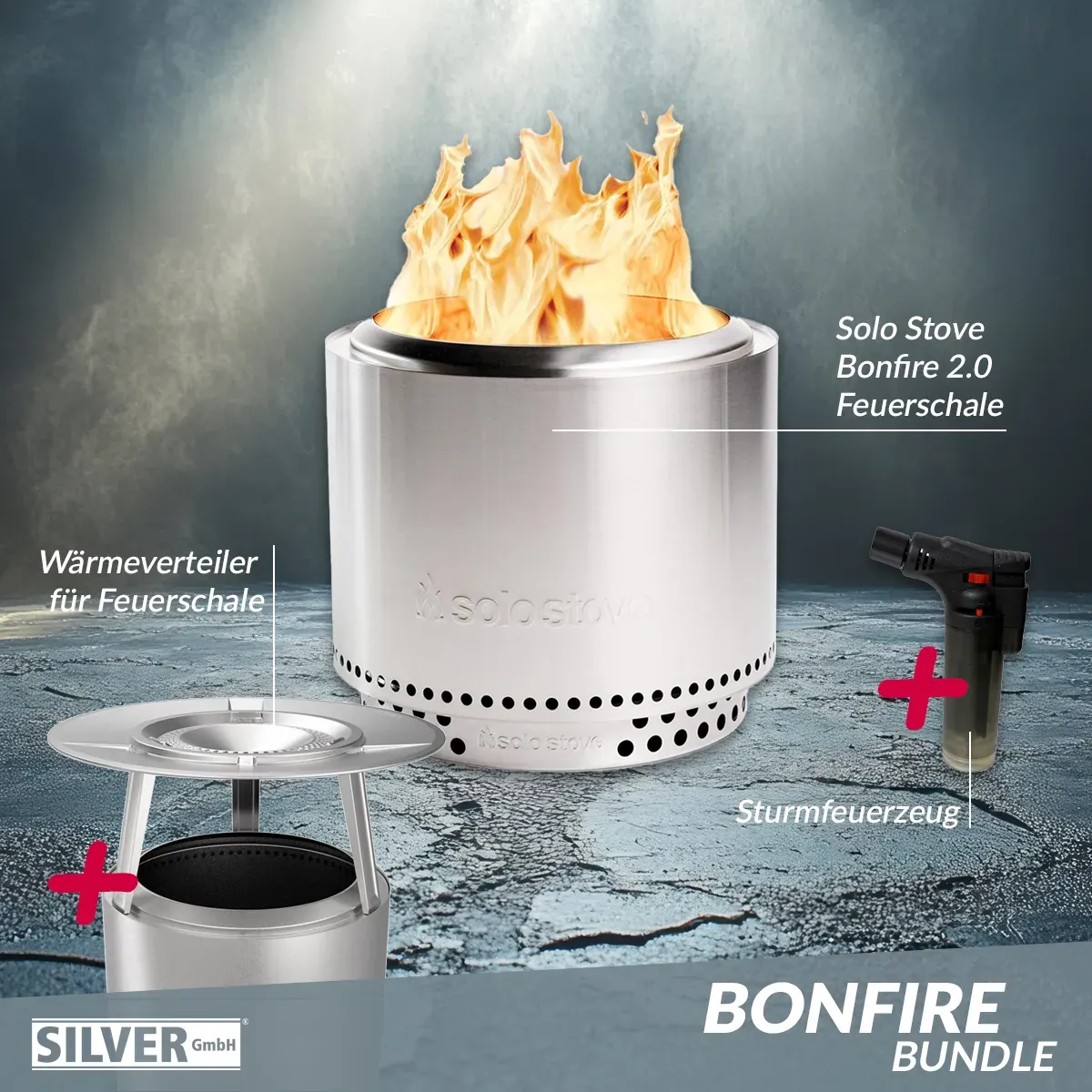 Solo Stove BONFIRE 2.0 Edelstahl Bundle inkl. Edelstahl Wärmeverteiler + Standfu...