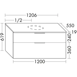 Burgbad Eqio Konsolenplatte, Ausschnitt mittig, 2 Schubladen, Breite 1200mm, WXXH120F5662G0146, Farbe: Eiche Dekor Urban / Eiche Dekor Urban, Griff Chrom G0146