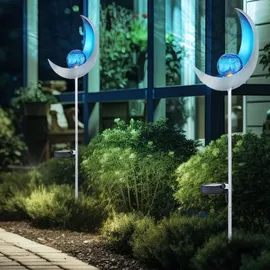 GLOBO Solar Fackeln Mond Garten Gartendeko Solarlampe Solarleuchte Außen, Blauer Lichteffekt, Crackle Glas, IP44, LED kaltweiß, H 90 cm, Garten Balkon, 2er Set
