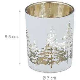 Relaxdays Teelichthalter im 12er Set, mit Tannenbaum-Motiv, HxD: 8,5 x 7 cm, Weihnachts-Windlicht aus Glas, weiß-gold