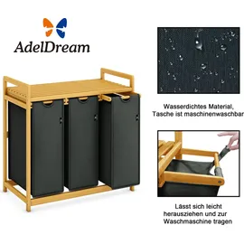 ADEL DREAM AdelDream Wäschekorb mit Bambusrahmen 150 l, 3 Fächer Wäschesammler Grau - Grau