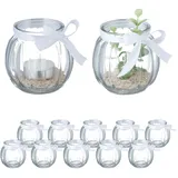 Relaxdays Windlicht, 12er Set, aus Glas, Teelichtgläser mit Schleife, innen & außen, Teelichthalter Deko, transparent