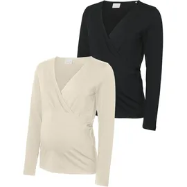 MAMA LICIOUS Umstandsshirt "MLKERRIE TESS LS JRS TOP 2-P NOOS", Damen, Gr. XL, schwarz (birch pack:schwarz), Jersey, Obermaterial: 95% Baumwolle, 5% Elasthan, unifarben, figurbetont normal, V-Ausschnitt, Shirts Umstandsshirt