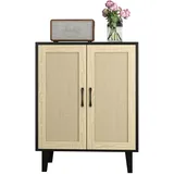 Panana Aufbewahrungsschrank, Rattan Sideboard Schrank mit 2 Rattan-Türen, Küche Akzentschrank mit Massivholzfüßen, Buffetschrank für Esszimmer, Flur, Eingang, Wohnzimmer (Schwarz)