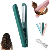 Mini Lockenstab mit Doppeltem Verwendungszweck, Mini Lockenstab und Flacheisen, Haarglätter und Locken 2 in 1 Tragbare USB Wiederaufladbare Kabellose Reise Lockenstabs für Alle Haartypen (Grün)
