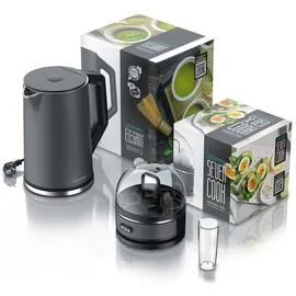 Arendo - Set Wasserkocher ELEGANT mit Eierkocher SEVENCOOK Edelstahl Grau, Wasserkocher 1,5L 40° - 100°C Warmhaltefunktion, Eierkocher 1-7 Eier,