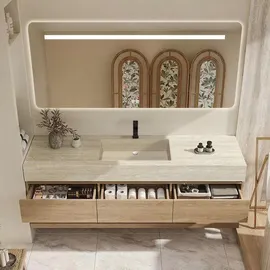 360Home Wandhängendes Waschbecken-Set - Sinterstein - Travertine look, mit Spiegel, Unterschrank, Ablage & Ablauf, mit Armaturenloch 120×55 cm【YT9865-1...