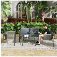 Outsunny Sitzgruppe mit 2er Sofa, Sessel, Glastisch, Kissen, (Gartenmöbel-Set aus Polyrattan, 4-tlg., wetterfest Lounge-Set), für 4 Personen, für Garten, Balkon, Grau grau