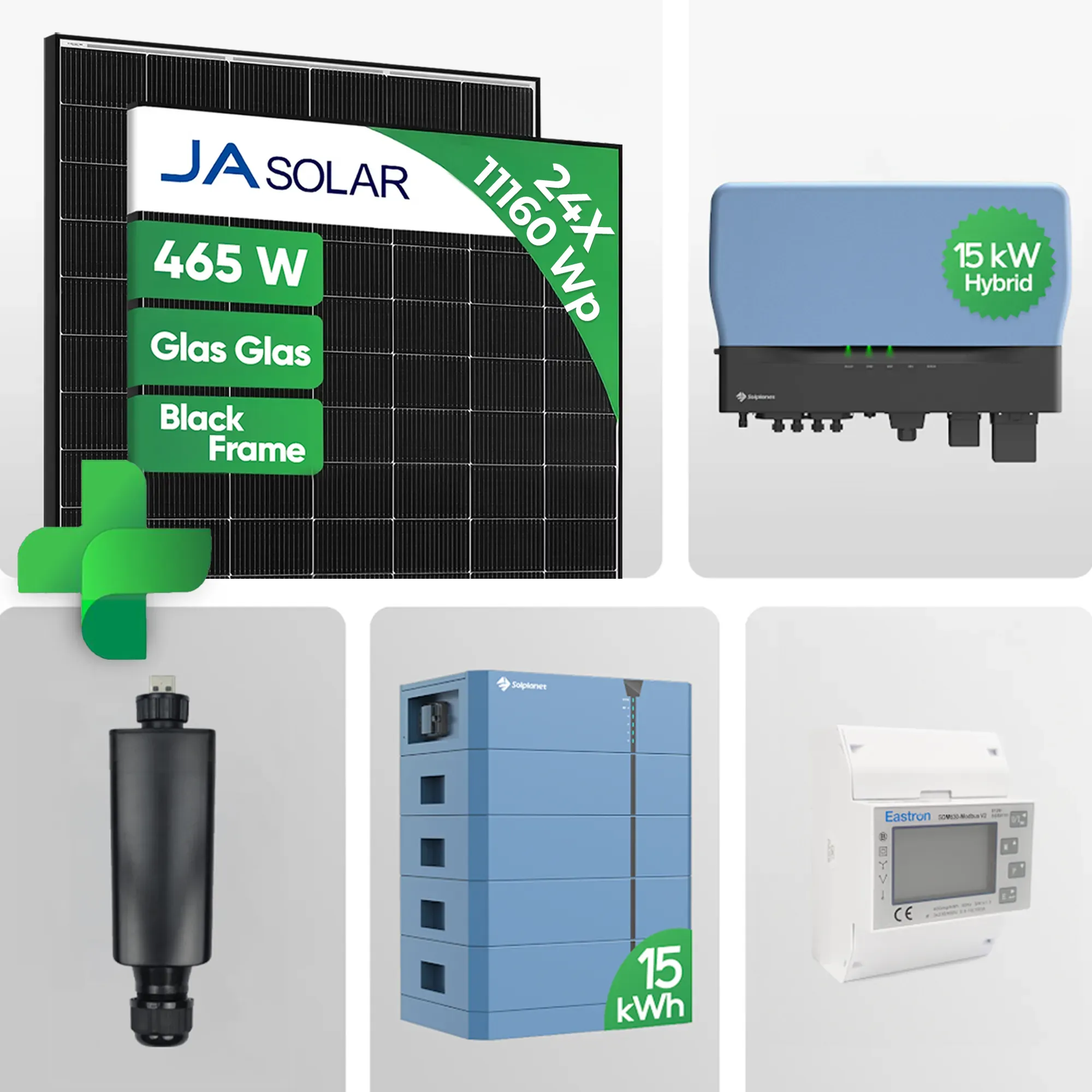 PV Anlage 11,16 kWp – 24x JA 465W Black Frame Glas-Glas JAM54D40 LR & Solplanet ASW015K-TH Hybrid mit Solplanet Ai-HB G2 Pro Speicher Notstrom Netzunabhängig / inkl. 0 % MwSt. für Privatkunden