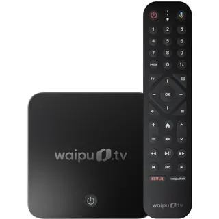 waipu.tv Box | Inkl. Fernbedienung mit Beleuchtung | Fernsehen über WLAN | LAN | HDMI | 4K | HDR10+ | Dolby Vision | Dolby Atmos | Voucher für 3 Monate 300 TV-Sender & 40.000 Filme & Serien