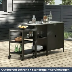 DELUKE® Outdoor Schrank Wetterfest KUMO Mit Standregal + Servierwagen Stahl Gartenschrank Outdoorküche Schrank Terrassenschrank Aussenschrank Schwarz