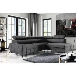 m-punkt Wohnlandschaft Ecksofa LAGOS Samt Grau Anthrazit mit Bett Bettkasten Kopfteilverstellung Bett Sofa Schlafsofa Ottomane rechts