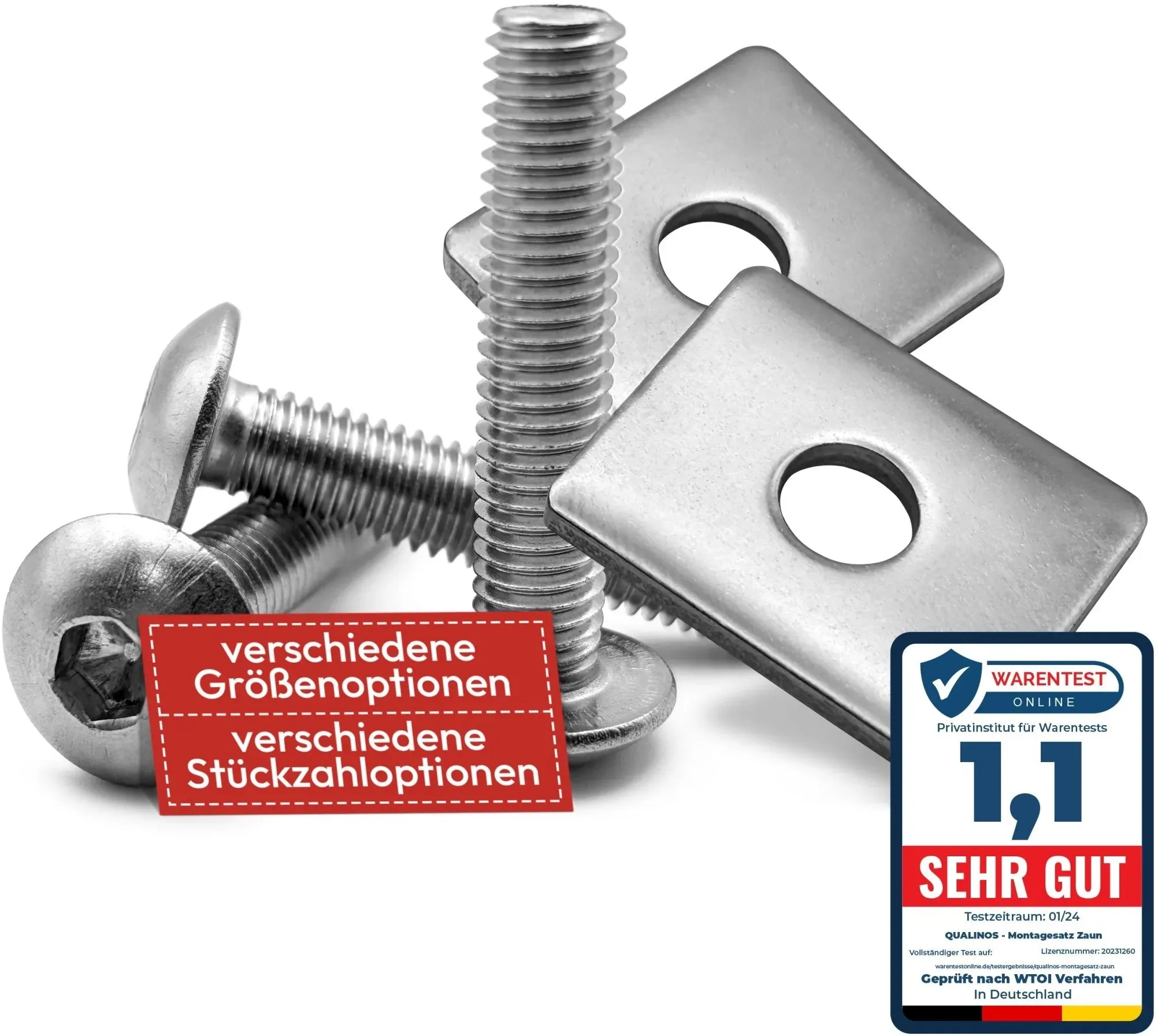 20 Stück – Qualinos Montageset Klemmplatte 29x26x3 mm V2A Edelstahl mit M8x40 Zaunbauschraube – Diebstahlschutz 5,5 mm ISK – Made in Germany