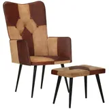 vidaXL Sessel mit Hocker Braun Echtleder und Canvas
