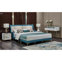 JVmoebel Schlafzimmer-Set, Bett Nachttisch Schlafzimmer Set Design Modern Leder 3 tlg. blau|weiß