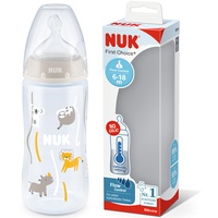 NUK First Choice+ Babyflaschen | 6-18 Monate | Anti-Colic-Ventil | BPA-frei | 300 ml | Trinksauger aus Silikon | mit Temperature Control | graues Faultier