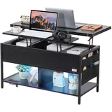 Vevor Couchtisch Wohnzimmertisch mit anhebbarer Platte, Kaffeetisch mit Aufbewahrungstaschen, umklappbarer Couchtisch mit Steckdosenleiste & USB & Ambientebeleuchtung, 1 m versenkbarer Couchtisch