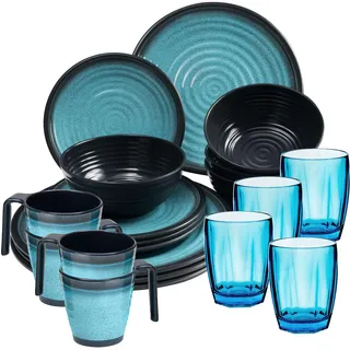 Melamin Geschirr Set 20 Teile elegante Steingut Optik in blau mit Tassen Wasserglas 320 ml blau - für 4 Personen | Essgeschirr Gläser Wasserglas Tumbler Whiskey Campinggeschirr Camping Outdoor