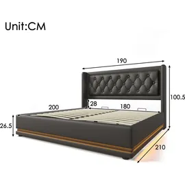 stilvora Polsterbett 180x200cm mit Stauraum Jugendbett mit LED-Beleuchtung,gepolstertes Kopfteil mit USB Typ-C Ladefunktion,Schwarz(Ohne Matratze) - Schwarz