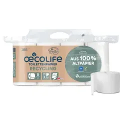 Fripa oecolife Toilettenpapier, RECYLING, 3-lagig, weiß 1590800 , 1 Paket = 7 Packungen à 8 x 150 Blatt