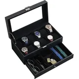 LuxusKollektion Schmuckset Uhrenbox 12 Fächer Glasdeckel Uhrenkissen 12-Slot Eidechsenschwarz
