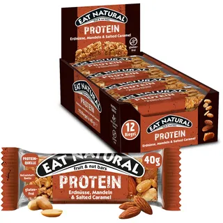 eat-natural Proteinriegel Protein Erdnüsse, Mandeln & Salzkaramell - Proteinquelle, glutenfreier Snack - Perfekt für unterwegs. - 12x40 g, pro Riegel 17 g Protein