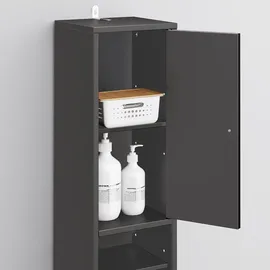 SoBuy Badzimmerschrank Schmal Badezimmer Hochschrank aus Holz mit verstellbaren Einlegeböden Wasserabweisender Badschrank, 20x180x20cm, BZR34-II-SCH - Schwarz