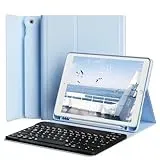 JKSML Hülle mit Tastatur für iPad 9./8./ 7. Generation, Abnehmbarer Kabellose QWERTZ Tastatur Hülle mit Stifthalter für iPad 10,2 Zoll (2021/2020/2019), Himmelblau