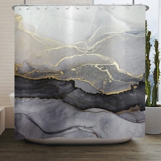 ASDCXZ Duschvorhang Marmor 150x180 cm, Modern Abstrakt Grau Schwarz Gold Marmor Optik Textur Waschbar Stoff Bad Duschvorhänge Polyester Textil Wasserdicht Duschvorhang für Badewanne mit 12 Hake