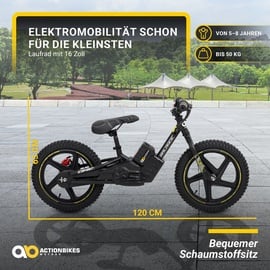 Actionbikes Motors Elektro-Laufrad, 16 Zoll, Kinder-Balance-Bike m. 250 Watt, Scheibenbremsen, 3 Geschwindigkeitsstufen (Gelb)