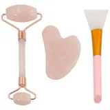 Intirilife 3-teiliges Gua Sha Gesichtsmassage Set Gesichtsroller aus natürlichen Rosenquarz