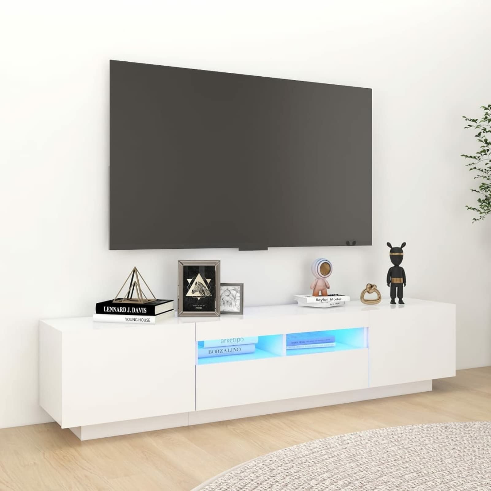 LAPOOH TV-Schrank, Fernsehtisch, Tv Lowboard, Fernsehschrank, Tv Bank, Tv Table, Tv Kommode, mit LED-Leuchten Weiß 180x35x40 cm