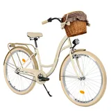 MILORD Damenfahrrad Citybike Komfort Mit Weidenkorb Hollandrad Vintage Fahrrad, 26, 28 Zoll, 3-Gang (Creme-Braun, 28 Zoll)