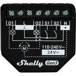 Shelly 2PM Gen3 2-Kanal-Relais WLAN-gesteuerter Smart-Schalter für 2 Stromkreise oder Rolläden max. 16A, WLAN, BT, unterputz