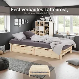 Homestyle4u Stauraumbett, Braun, Holz, Kiefer 100x200 mit Lattenrost 2 Schubladen Palettenbett Holzbett Jugendbett