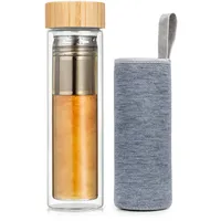 Klarstein Teeflasche mit Deckel und Sieb 500 ml doppelwandiges Glas Bambus Hülle Klarglas