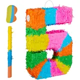Relaxdays Pinata Zahl 5, Regenbogenpinata Geburtstag, HBT: 50,5 x 35,5 x 7,5 cm, Partypinata Kinder, zum Befüllen, bunt