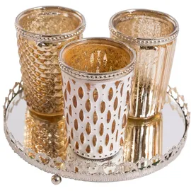 H&D Manufaktur Jinfa 3er Set Teelichtgläser auf Spiegelplatte in Gold