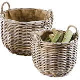 Kobolo Holztrage Holzkorb für Kaminholz Kaminholzkorb - rund, grau - Rattan - 2er Set
