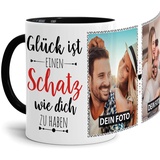 Tassendruck Fototasse mit Spruch für den Schatz - Glück ist, jemanden wie Dich zu haben - zum Selbst gestalten mit 2 Fotos, Innen & Henkel Schwarz, 300 ml