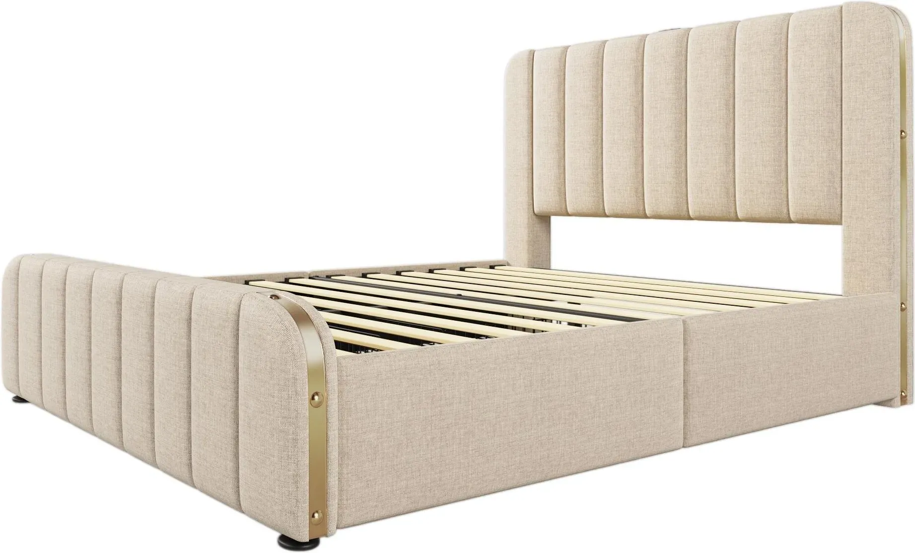Polster-Doppelbett, goldfarbene Zierstreifen, Bezug in Leinenoptik, ohne Matratze, 203x148x102 cm, Beige
