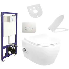 Aloni Spülrandloses Hänge WC Komplettset mit Taharet Kalt/-Warmwasserarmatur Softclose Sitz Drückerplatte Vorwandelement
