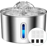 Balimo Katzenbrunnen Edelstahl, 2,2 L Superleise Trinkbrunnen für Katze mit Vierfaches Filtersystem & LED-Licht, mit 3 Aktivkohlefilter